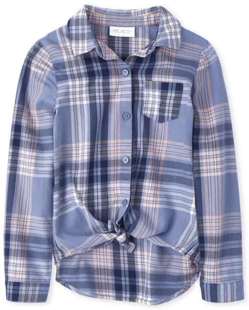 Girls Plaid Twill Tie Front Button Down Shirt