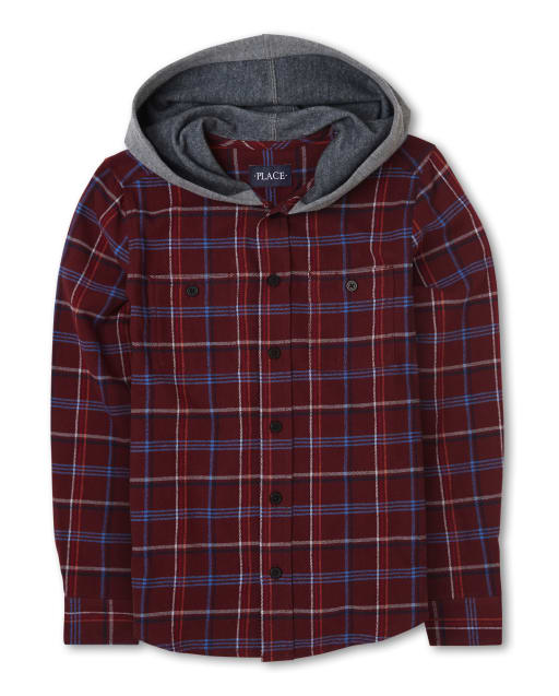 Boys Plaid Flannel Hooded Button Down Shirt