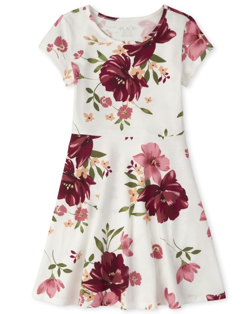 Short Sleeve Floral Print Knit Skater Dress