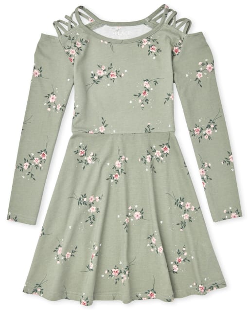 Girls Long Sleeve Print Cut Out Knit Skater Dress