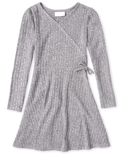 Girls Lightweight Sweater Knit Faux Wrap Dress