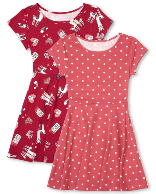 Pack de 2 vestidos skater de punto con estampado de manga corta para niñas
