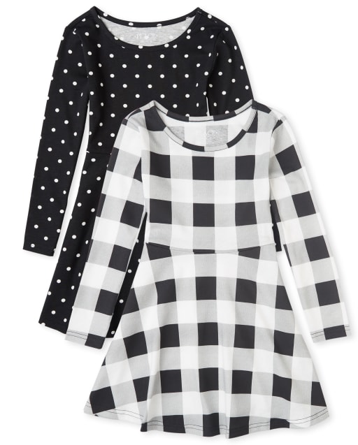 Paquete de 2 vestidos skater de punto con estampado de cuadros y lunares de búfalo de manga larga para niñas