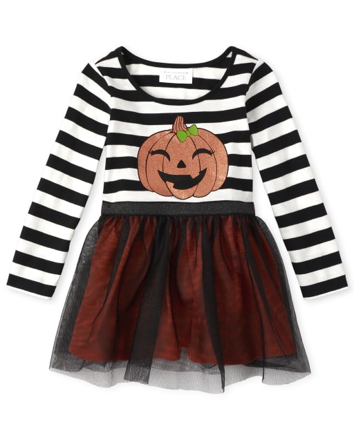 Baby And Toddler Girls Halloween Glitter Pumpkin Knit To Woven Dress
