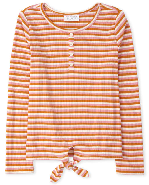 Top con cuello henley a rayas con lazo en la parte delantera para niñas
