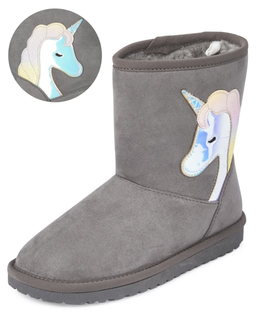 Girls Holographic Unicorn Faux Suede Boots