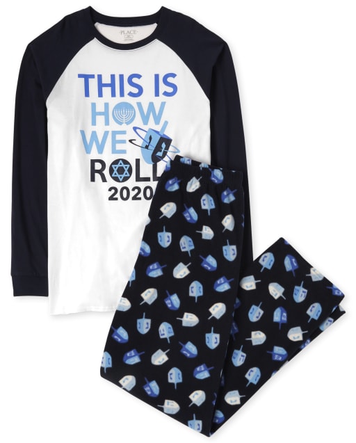 Unisex Adult Matching Family Long Raglan Sleeve Hanukkah Festival Cotton Top And Fleece Pants Pajamas