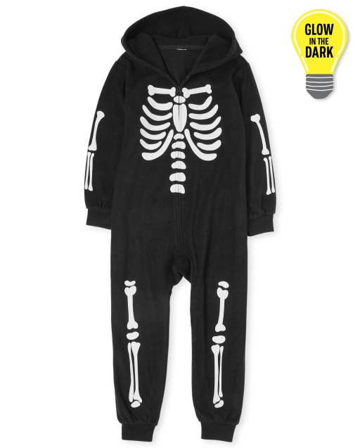 Unisex Kids Halloween Glow Skeleton Fleece One Piece Pajamas
