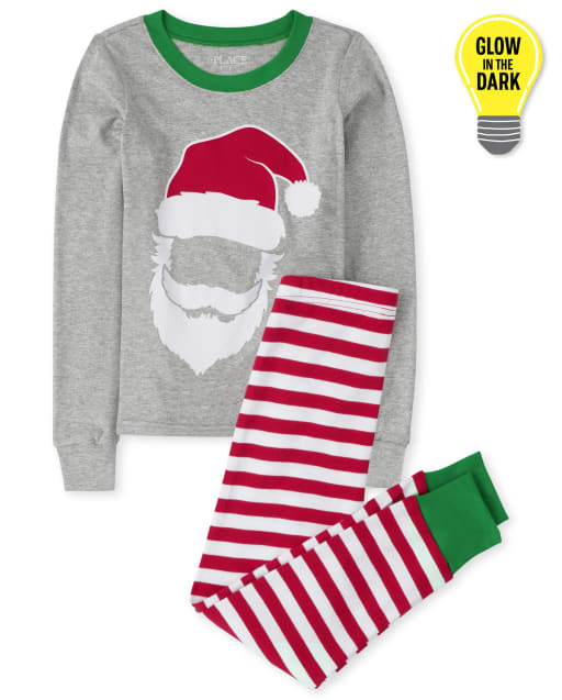 Kids Matching Family Glow Santa Striped Snug Fit Cotton Pajamas