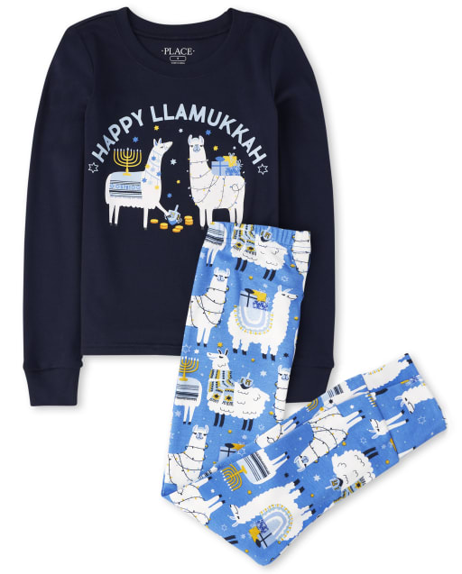 Unisex Kids Matching Family Long Sleeve Hanukkah Llama Snug Fit Cotton Pajamas