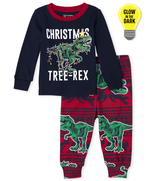 Baby And Toddler Boys Dad And Me Glow Christmas Tree-Rex Snug Fit Cotton Pajamas