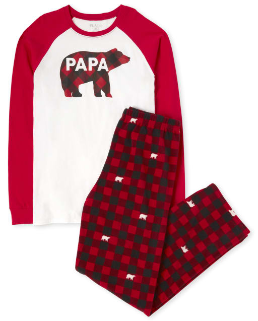 Mens Matching Family Christmas Long Raglan Sleeve Bear Buffalo Plaid Cotton Top And Fleece Pants Pajamas
