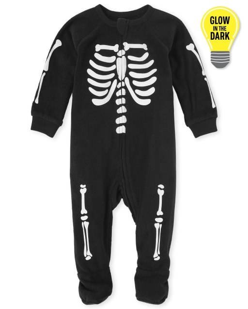Baby And Toddler Matching Family Halloween Glow Skeleton Fleece One Piece Pajamas