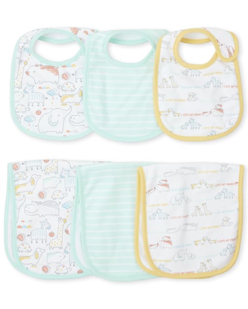 Conjunto de 6 piezas de babero y paño para eructar unisex para bebés Doodle Animals
