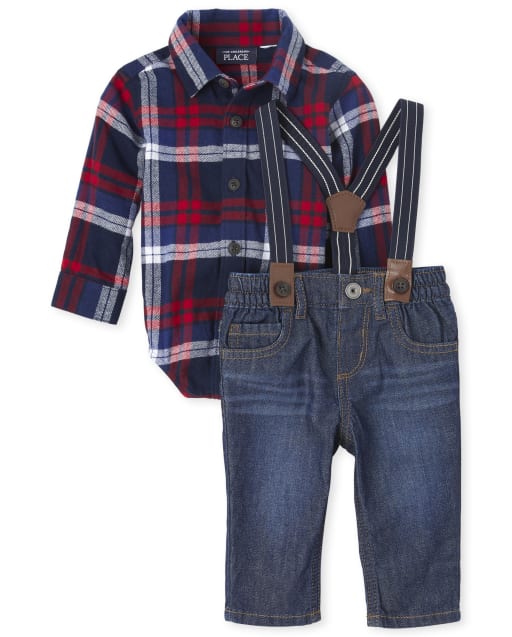 Kehen Kids Boys Spring Outfit Casual Long Sleeve Plaid Button Down Shirt with Denim Jeans 2pc Fashion Clothes Set