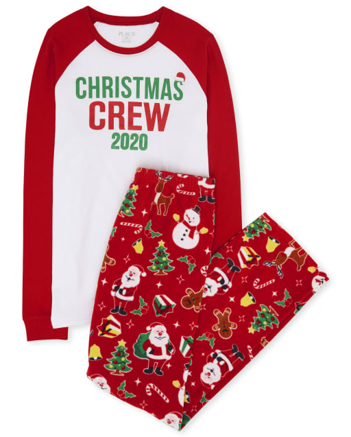 Unisex Adult Matching Family Christmas Long Raglan Sleeve Christmas Crew Snug Fit Cotton Top And Fleece Pants Pajamas