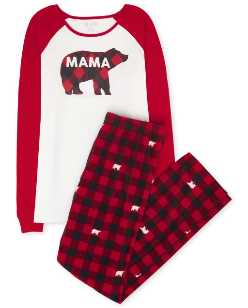 Womens Matching Family Christmas Long Raglan Sleeve Bear Buffalo Plaid Cotton Top And Fleece Pants Pajamas