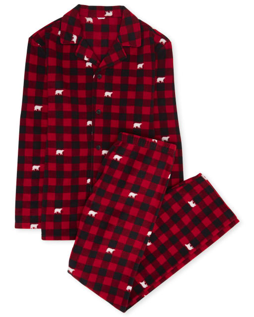 Unisex adulto a juego familia Navidad manga larga oso búfalo cuadros botones arriba y pantalones pijamas