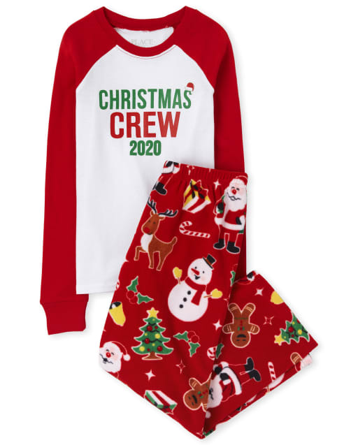 Unisex Kids Matching Family Christmas Long Raglan Sleeve Christmas Crew Snug Fit Cotton Top And Fleece Pants Pajamas