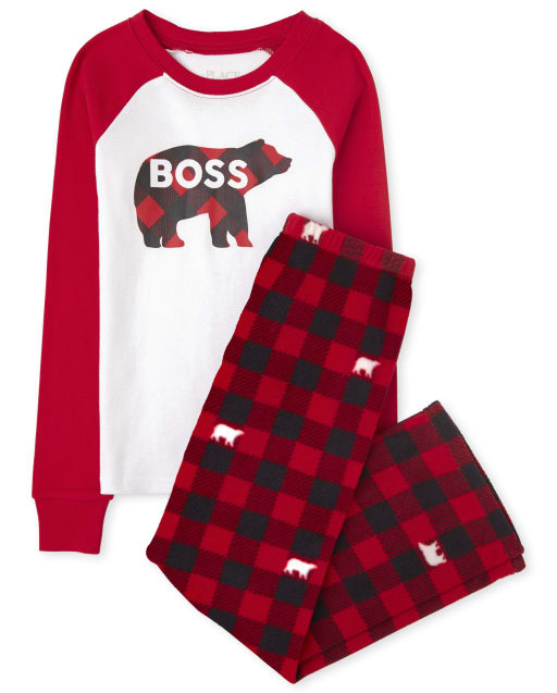 Unisex niños a juego familia Navidad manga larga raglán oso búfalo plaid ajuste ceñido superior de algodón y pantalones de lana pijamas