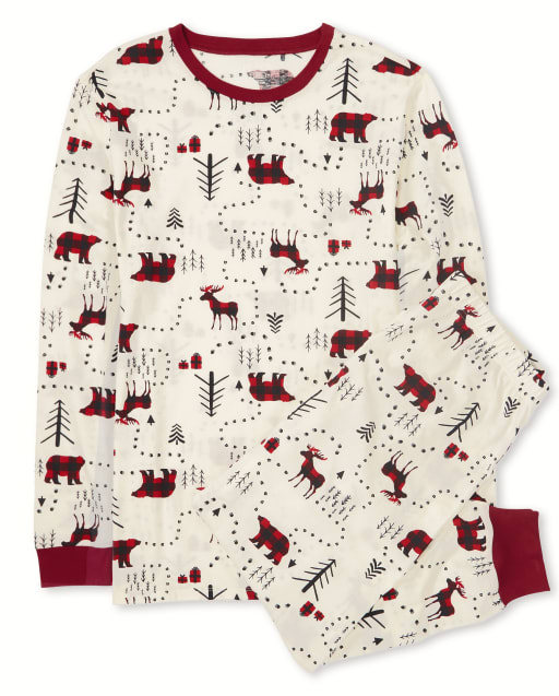 Pijama de algodón de bosque de invierno de manga larga de Navidad familiar a juego para adultos unisex