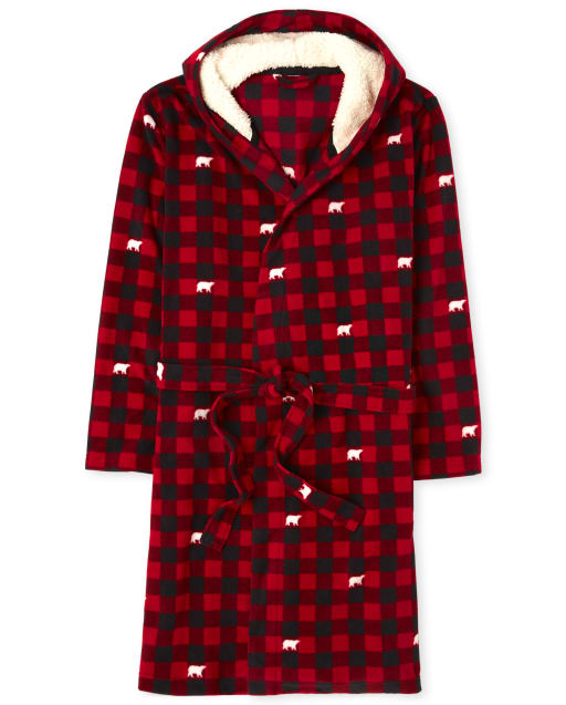 Bata con capucha de lana a cuadros de búfalo de oso de manga larga de Navidad familiar a juego para adultos unisex