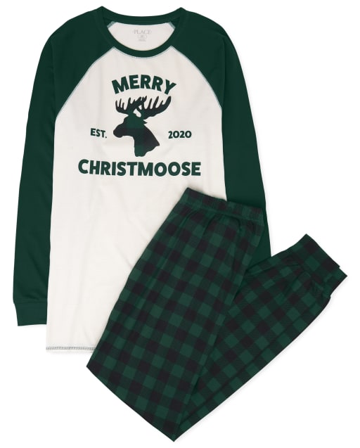 Pijama de algodón de alce navideño con manga raglán larga de Navidad a juego para adultos unisex