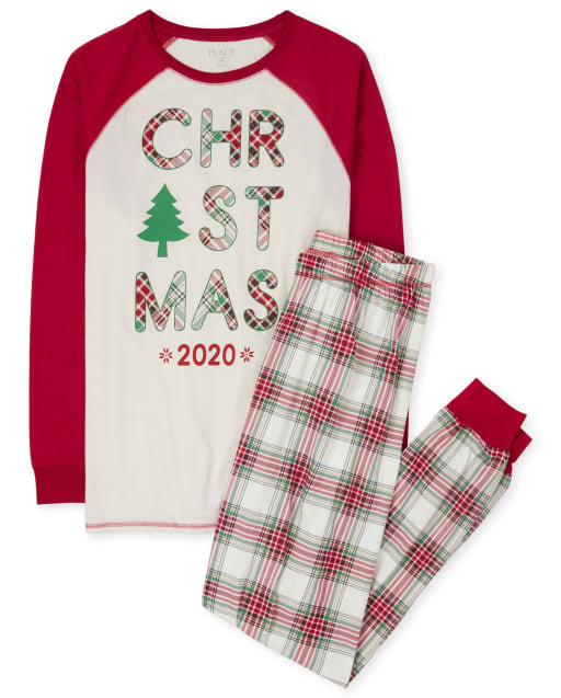 Pijama de algodón de tartán navideño con manga raglán larga navideña familiar a juego para adultos unisex