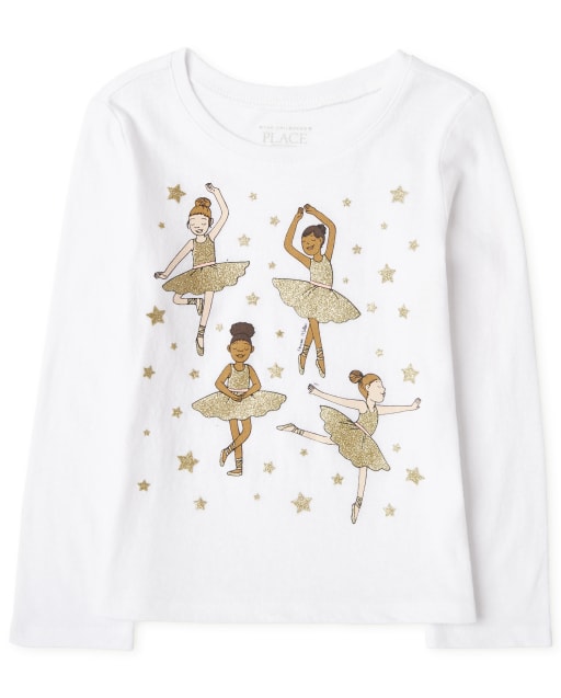 Camiseta estampada de bailarina de manga larga para bebés y niñas pequeñas