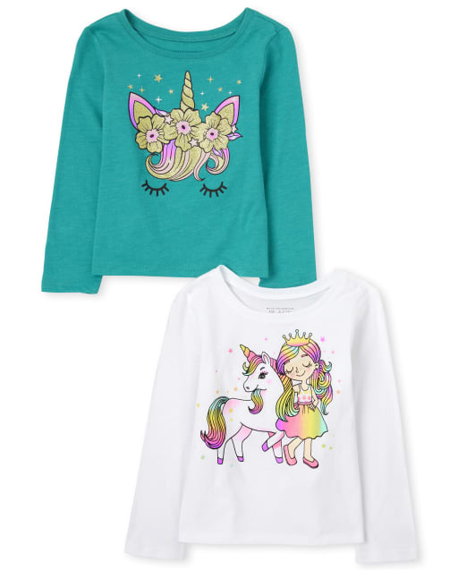 Paquete de 2 camisetas con estampado de unicornio de manga larga para bebés y niñas pequeñas