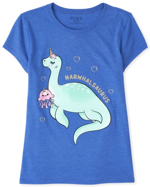 Camiseta con estampado de dinosaurio Narwhal con purpurina para niñas