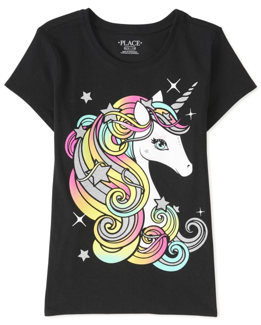 T-shirt graphique licorne arc-en-ciel scintillant pour filles