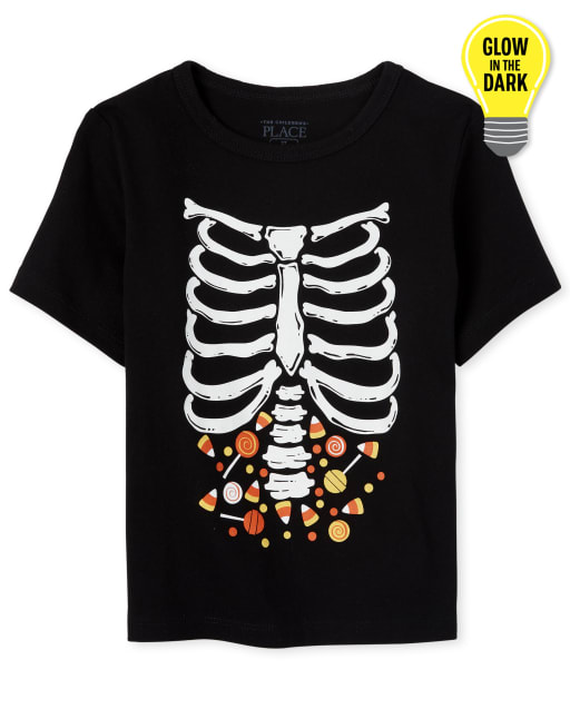 Baby And Toddler Boys Halloween Short Sleeve Glow In The Dark Candy Skeleton Graphic Tee