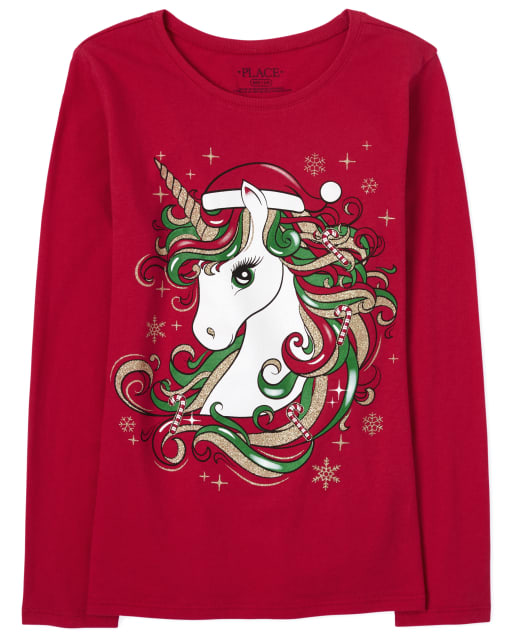 Girls Christmas Glitter Unicorn Graphic Tee