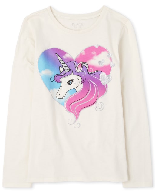 Camiseta con gráfico de corazón de unicornio brillante de manga larga para niñas