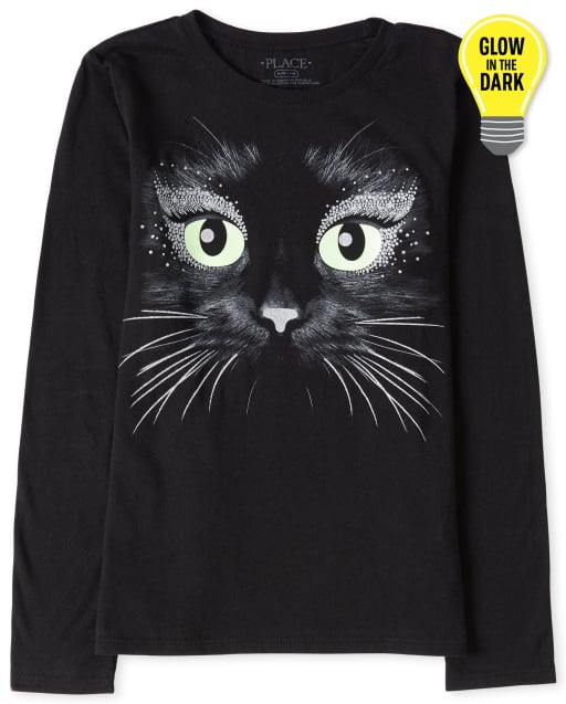 Camiseta Con Estampado De Gato Que Brilla En La Oscuridad De Manga Larga De Halloween Para Ninas