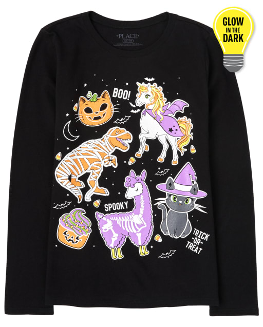 Camiseta con gráfico de emojis que brillan en la oscuridad de manga larga de Halloween para niñas