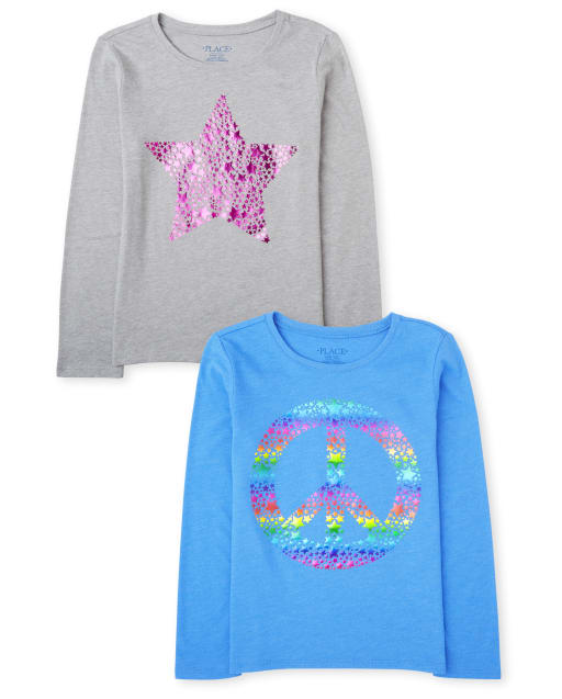 Paquete de 2 camisetas con estampado de estrellas y signo de la paz arcoíris de manga larga para niñas