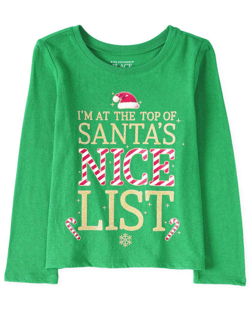 Camiseta navideña de manga larga con purpurina de manga larga para bebés y niñas pequeñas ' I ' m en la parte superior de Santa ' s Camiseta gráfica Nice List '