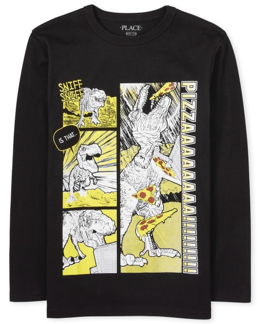 Camiseta con estampado de dinosaurio y pizza para niños