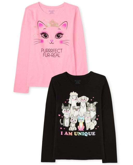 Pack de 2 camisetas con estampado de perros y gatos para niñas