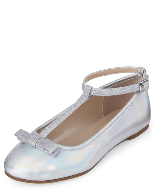 Girls Metallic Glitter T Strap Ballet Flats