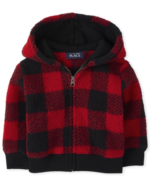 Sudadera con capucha acogedora con cremallera y sherpa a cuadros de búfalo para niños pequeños