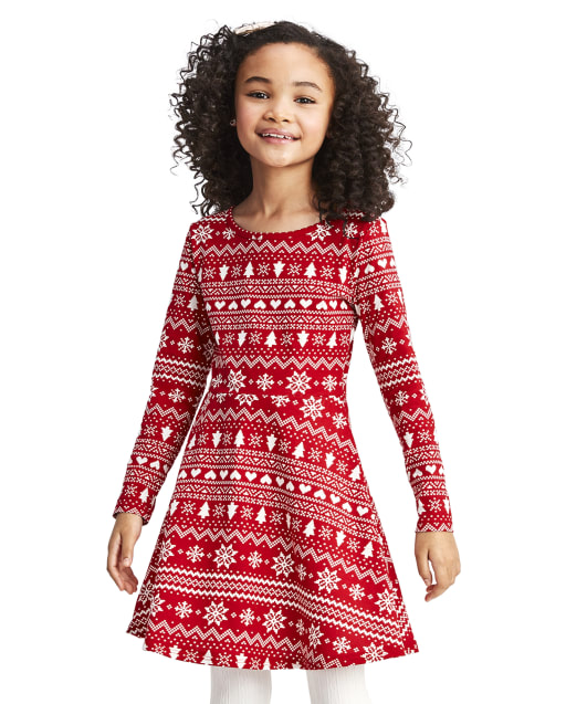 Vestido skater de punto estampado de manga larga para niñas