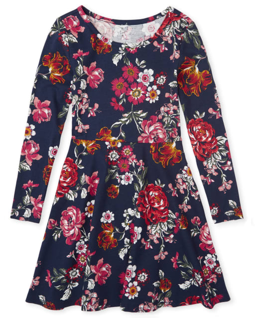 Vestido skater de punto estampado de manga larga para niñas