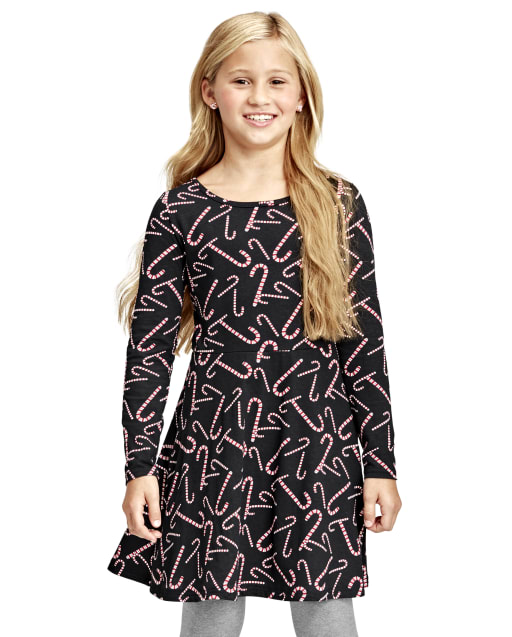 Vestido skater de punto estampado de manga larga para niñas