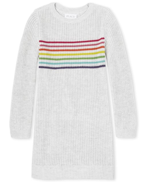 grey sweater with rainbow stripes