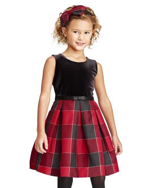 Toddler Girls Mommy And Me Velour Buffalo Plaid Matching Knit To Woven Dress