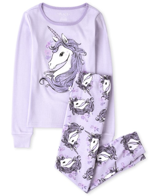 Pijama de algodón ajustado con diseño de unicornio para niñas