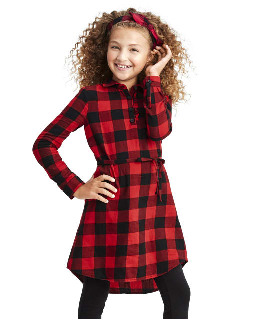 Vestido de camisa de sarga a cuadros de búfalo de manga larga a juego para niñas